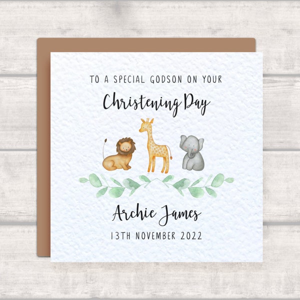 Personalised Godson Christening Card with Jungle Animals Design - Cute Watercolour Safari Animals - On your Christening Day - GODSON