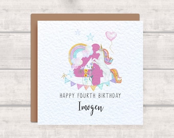 May include: A pink and white unicorn with a rainbow and stars in the background. The unicorn is standing on a pink number four with a banner that says "Happy Fourth Birthday Imogen".