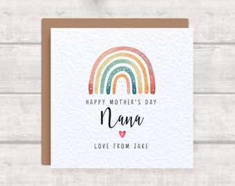 NANA Mother's Day Card - Personalised with Child's Name - Pretty Watercolour Rainbow Design Card for Nana