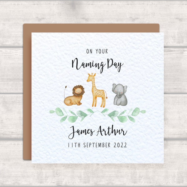 Personalised Naming Day Card with lion, elephant and giraffe - Cute Watercolour jungle animals safari animals card -On your Naming Day