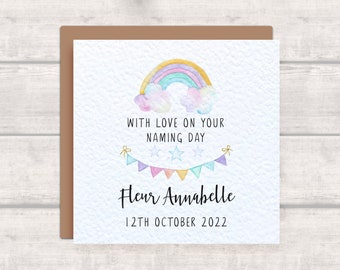 Personalised Naming Day Card with Watercolour Rainbow Design - Pretty Bunting Card - With Love on your Naming Day - Name and Date