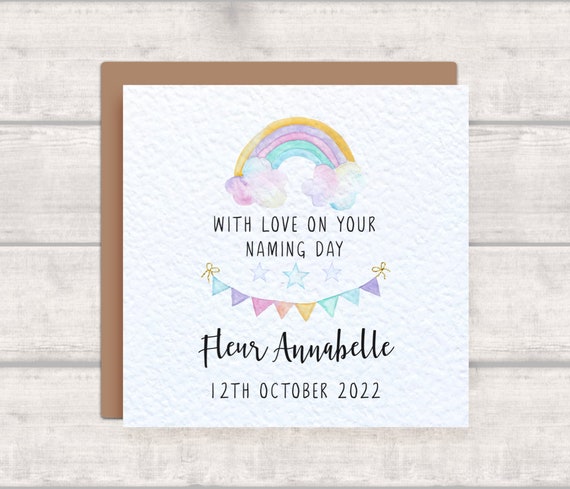 Personalised Naming Day Card with Watercolour Rainbow Design - Pretty Bunting Card - With Love on your Naming Day - Name and Date