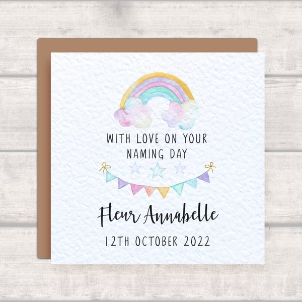 Personalised Naming Day Card with Watercolour Rainbow Design - Pretty Bunting Card - With Love on your Naming Day - Name and Date