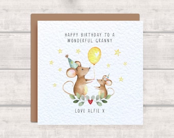 Tarjeta de cumpleaños personalizada para abuela de parte de sus nietos: ratón, globo, corazón, eucalipto y estrellas. Nombres: ¡Maravillosa tarjeta de cumpleaños para abuelas!