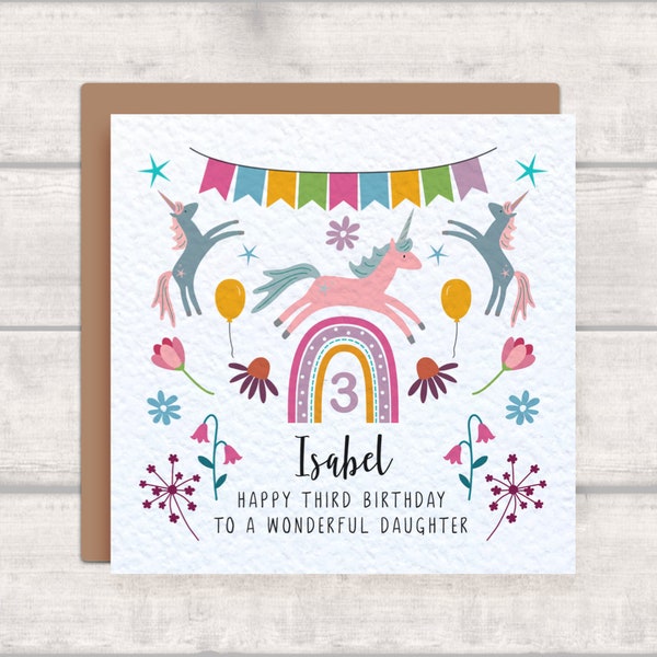 DAUGHTER 3rd Birthday Unicorn Card, Personalised with Child's Name - Happy Third Birthday to a Wonderful Daughter - '3' Rainbow Card