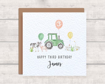 Personalised 3rd Birthday Tractor Card with Farm Animals - Happy Third Birthday - Farmyard Animals '3' card - Cow, Pig, Goose, Chicken