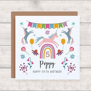 Unicorn 5th Birthday Card Personalised with Name - Rainbow and Bunting - Happy Fifth Birthday - Unicorn '5' card - Colourful Birthday Card