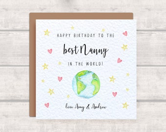Personalised best NANNY in the world Birthday Card from grandchildren - Planet Earth, Hearts and Stars - names Wonderful Nanny Bday Card