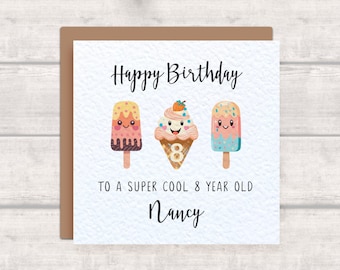 Super Cool 8 Year Old 8th Birthday Card for Boy/Girl, Personalised with Child's Name - Colourful Kawaii Style Ice Lollies and Ice Cream