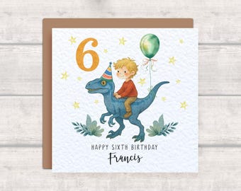 Personalised 6th Birthday Dinosaur Card - Happy Sixth Birthday - Little Boy with Blue Velociraptor Colourful Dinosaur Card Jurassic Card - 6