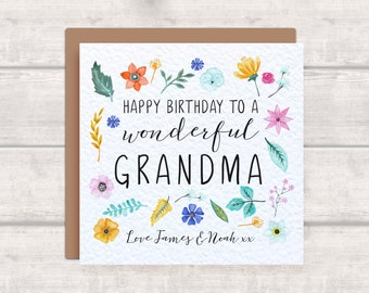 Tarjeta de cumpleaños de la ABUELA - Tarjeta personalizada de los nietos - Tarjeta floral para el cumpleaños de la abuela - Agrega tus nombres - Abuela maravillosa