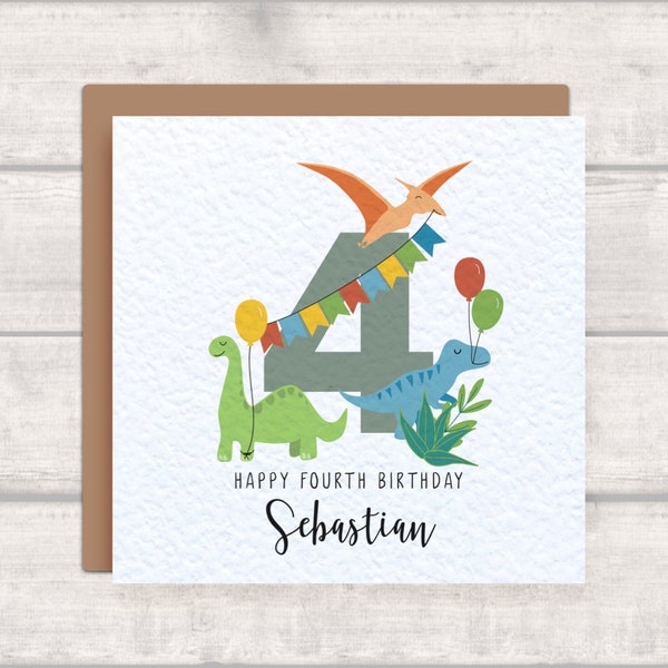 Personalised 4th Birthday Dinosaur Card - Happy Fourth Birthday - Pterodactyl, T-Rex, Brachiosaurus/Brontosaurus - '4' Card