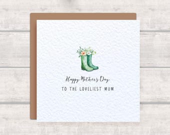 Mother's Day Card for Mum - Loveliest Mum - Gardening Wellies Theme Mother's Day Card for Gardener