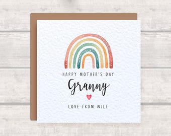 GRANNY Mother's Day Card - Personalised with Child's Name - Pretty Watercolour Rainbow Design Card for Granny