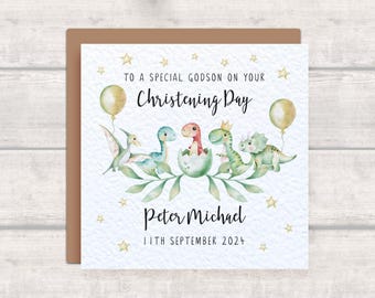 May include: A square greeting card with a watercolor illustration of dinosaurs and balloons. The card reads "To a special godson on your Christening Day" and includes the name "Peter Michael" and the date "11th September 2024".