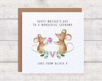 Personalised GRANDMA Mother's Day Card from grandchildren - Grandma Mouse Card - Wonderful Grandma - Mouse, flower, heart, eucalyptus