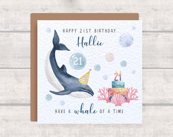 Tarjeta de cumpleaños número 21 personalizada con diseño de ballena - Tarjeta de ballena con pastel de cumpleaños y burbujas - Tarjeta de cumpleaños número 21 - Tarjeta número 21