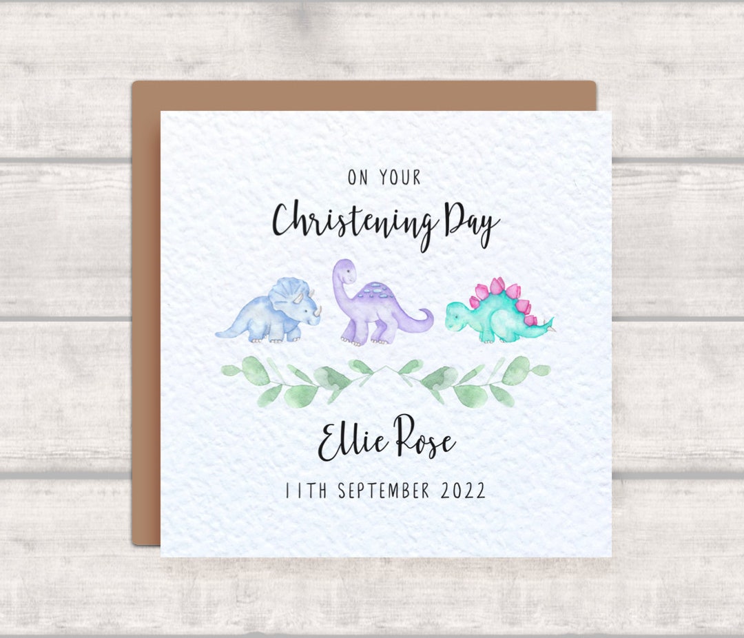 Personalised Christening Card With Dinosaur Design Cute Watercolour