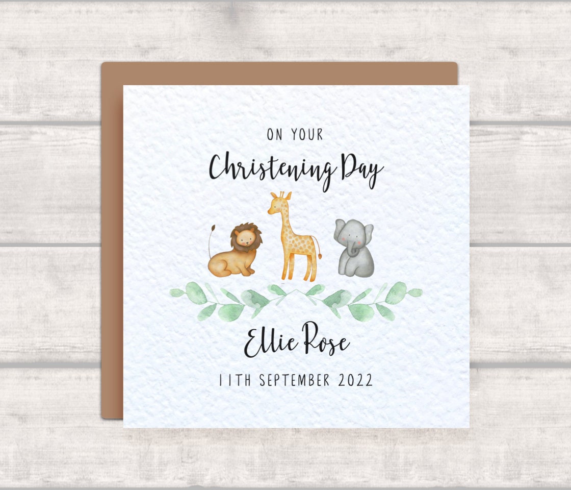 Personalised Christening Card With Lion Elephant and Giraffe Etsy UK