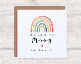 Mother's Day Card for Mummy - Personalised with Child's Name - Pretty Watercolour Rainbow Design