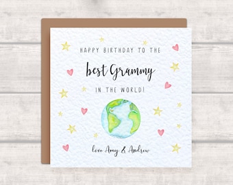 Carte Grammy - Meilleure carte d'anniversaire GRAMMY in the world personnalisée de petits-enfants - Planète Terre, coeurs et étoiles - Grammy Bday Card