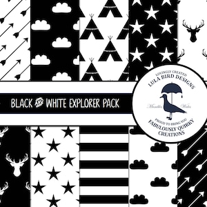 May include: Black and white digital paper pack with 10 different patterns. The patterns include arrows, stars, clouds, tipis, and deer. The text "BLACK AND WHITE EXPLORER PACK" is at the top of the image. The text "LOVINGLY CREATED LULA BIRD DESIGNS" is at the bottom of the image.