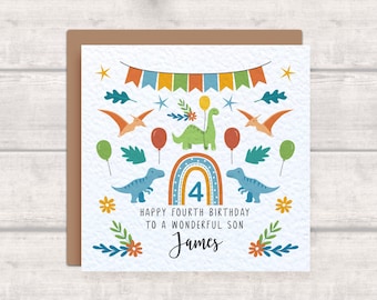 Carte personnalisée 4e anniversaire de dinosaure pour fils - Joyeux quatrième anniversaire à un fils merveilleux - Arcs-en-ciel et dinosaures, carte de fils colorée