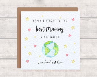 Personalised best MUMMY in the world Birthday Card from children son daughter - Planet Earth, Hearts, Stars - Add names Wonderful Mummy Card
