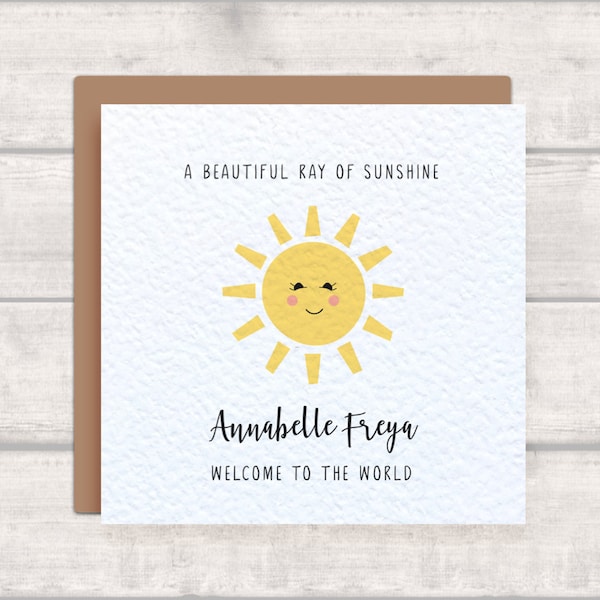 Personalised New Baby Card with Sunshine Design - A beautiful ray of sunshine - Welcome to the World - personalised with name