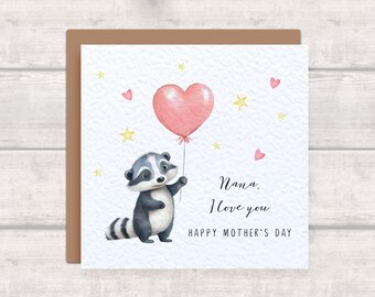 NANA - Mother's Day Card - Cute Woodland Badger with Heart Balloon - Nana, I love you - Happy Mother's Day