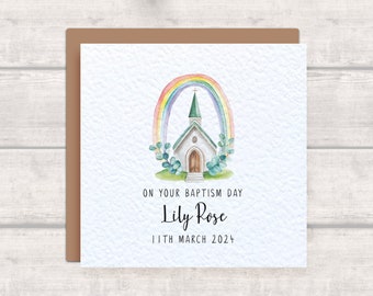 Personalised Baptism Day Card with Church, Rainbow and Eucalyptus Foliage - Colourful religious Baptism day card - On your Baptism Day