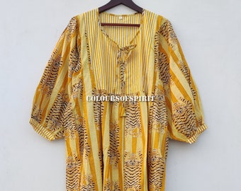 Yellow Tiger Print Midi Dress, Deep Neck, Hand Blocked