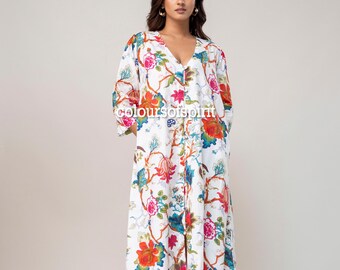 Floral Cotton Kaftan Dress | Women's Relaxed Fit Midi Dress | Boho Resort Wear