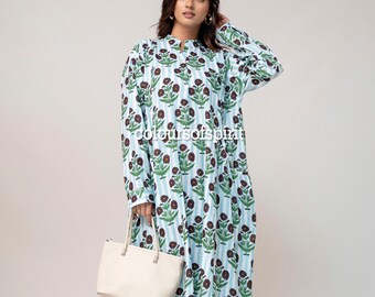 Floral Block Print Midi Dress | Handmade Cotton Kaftan Dress | Loose Fit Boho Dress with Pockets | Women's Summer Dress