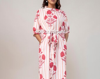 Hand Block Print Cotton Kaftan Dress | Pink Floral Bohemian Summer Midi