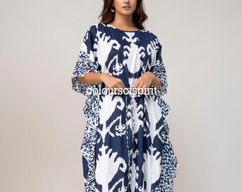 Blue White Kaftan Dress for Women | Oversized Boho Midi Dress | Drawstring Waist Caftan | Resort Wear | Vacation Beach Cover Up