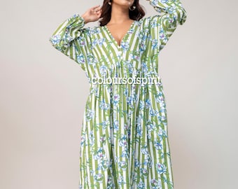 Hand Block Print Floral Maxi Dress | Green Cotton Kaftan Dress | Bohemian Resort Wear | Oversized Midi Maxi Dress