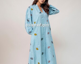 Hand Embroidered Cotton Midi Dress, Sky Blue Boho Leaf Print, Cottagecore Style Women's Apparel