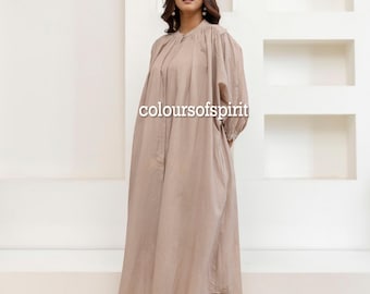 Beige Cotton Maxi Dress | Oversized Loose Fit, Balloon Sleeves, Pockets