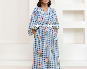 Floral Checkered Cotton Maxi Dress, Blue Gingham Kaftan, Relaxed Fit Summer Dress