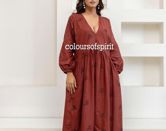 Hand Embroidered Cotton Maxi Dress | Rust Brown Boho Dress | Long Sleeve Tiered Dress | Artisan Handmade Clothing