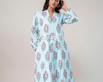 Aqua Blue Floral Cotton Maxi Dress | Boho Long Sleeve Dress | Handmade Block Print Dress