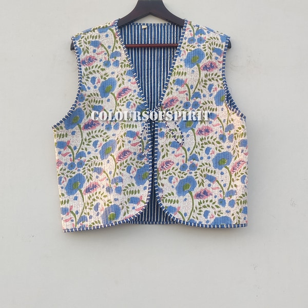Handmade Cotton Quilted Vest, Floral Block Print Reversible Boho Jacket
