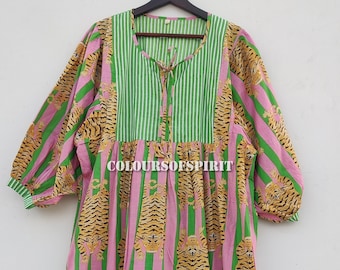 Groene strepen tijger midi-jurk | Katoenen mini-jurk | Tijger lange jurk met blokprint | Diepe nek met snaarsluiting | Strand katoenen jurk