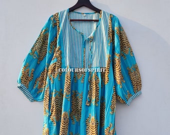 Sky Blue Tiger Print Dress, Hand Block Printed Cotton Midi