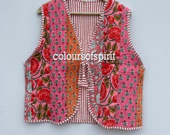 Pikowana kamizelka bawełniana w stylu boho | Ręcznie robiona patchworkowa kurtka kantha