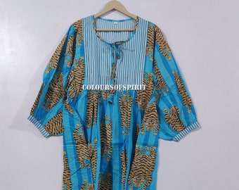 Sky Blue Tiger Print Midi Dress, Block Print Cotton