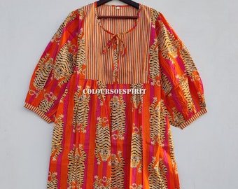 Orange Tiger Stripe Cotton Midi Dress, Block Print