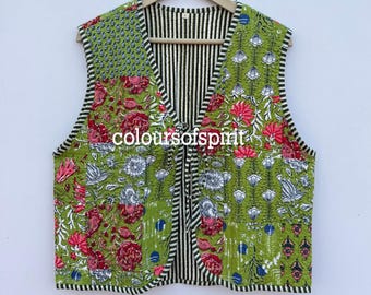 Pikowana kamizelka bawełniana w stylu boho | Ręcznie robiona patchworkowa kurtka kantha