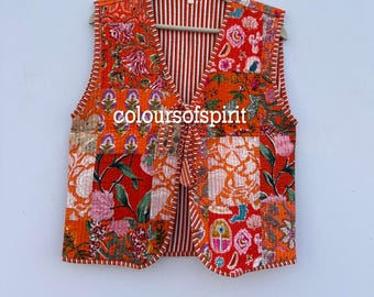 Pikowana kamizelka bawełniana w stylu boho | Ręcznie robiona patchworkowa kurtka kantha